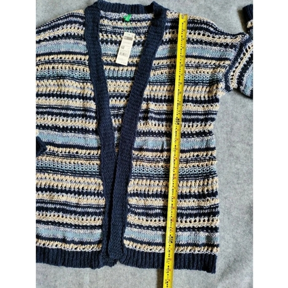 Benetton Womans Blue Knit Crochet Cut Out Striped Open Cardigan Sweater M NWT - Picture 12 of 14